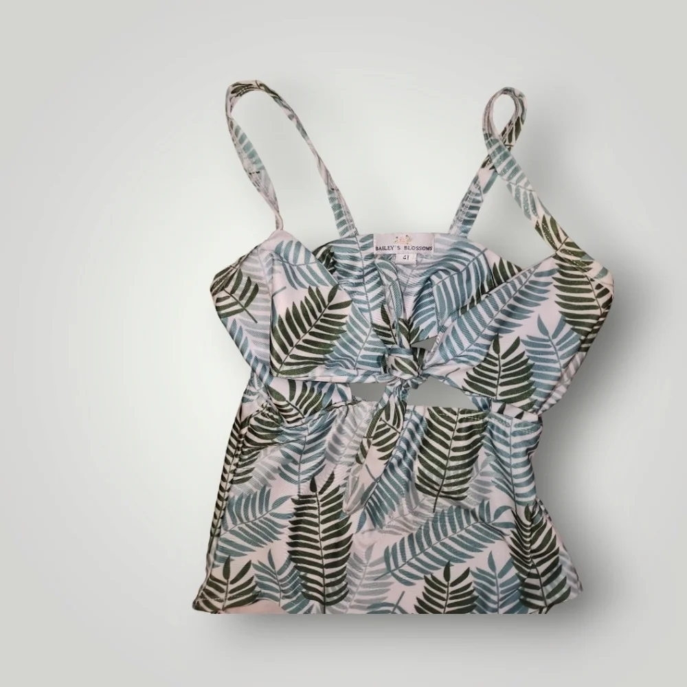 Bailey's Blossoms Tie Front Tropical Green Leaf Swimsuit 4t